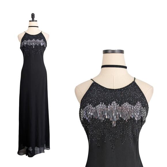 Vintage Maxi Dress Prom Gown Slip Beaded 90S Y2K Cachet Black Silver Formal 6 - Picture 1 of 11